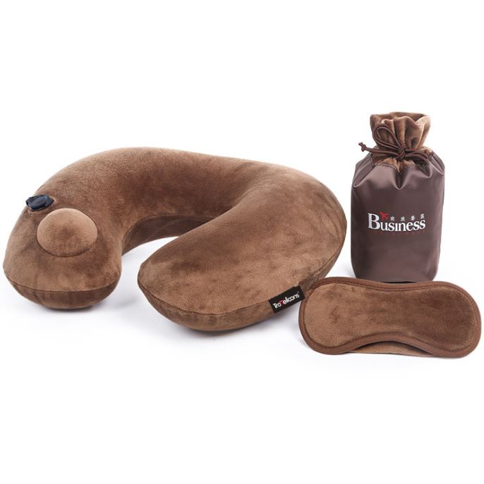 按壓自動充氣U型枕水晶絨充氣護(hù)頸三件套收納袋 廣告展會禮品